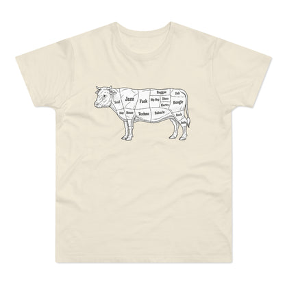 Line drawing of a cow carcass with music genres labeled on cuts.