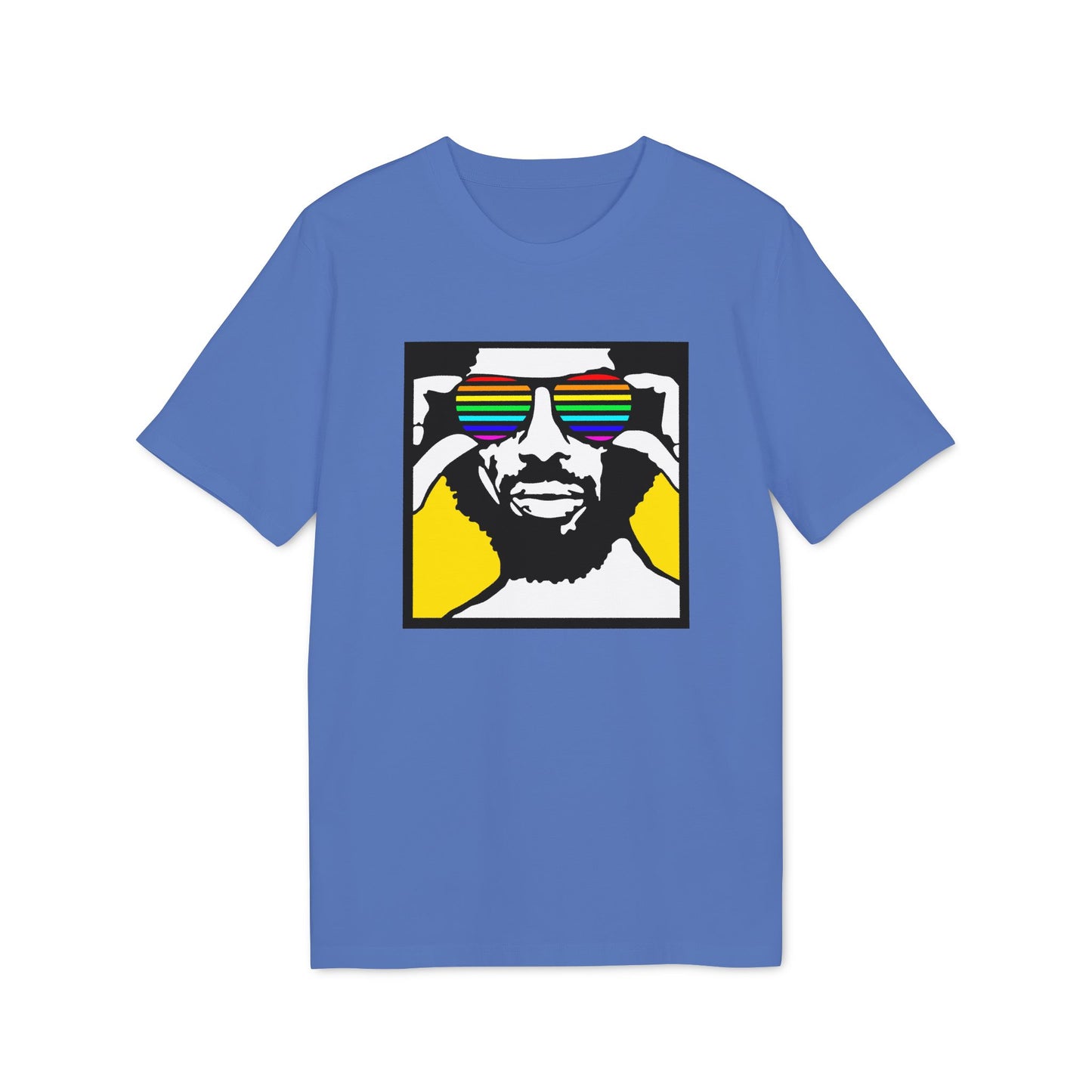 T-shirt with a graphic of a man wearing rainbow-striped sunglasses.