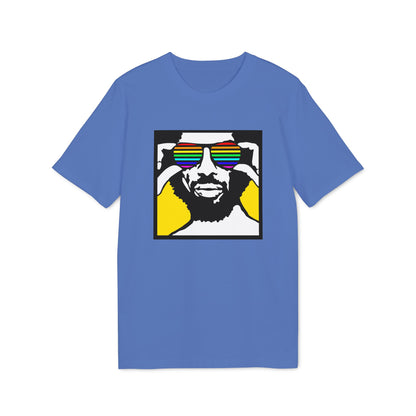 T-shirt with a graphic of a man wearing rainbow-striped sunglasses.