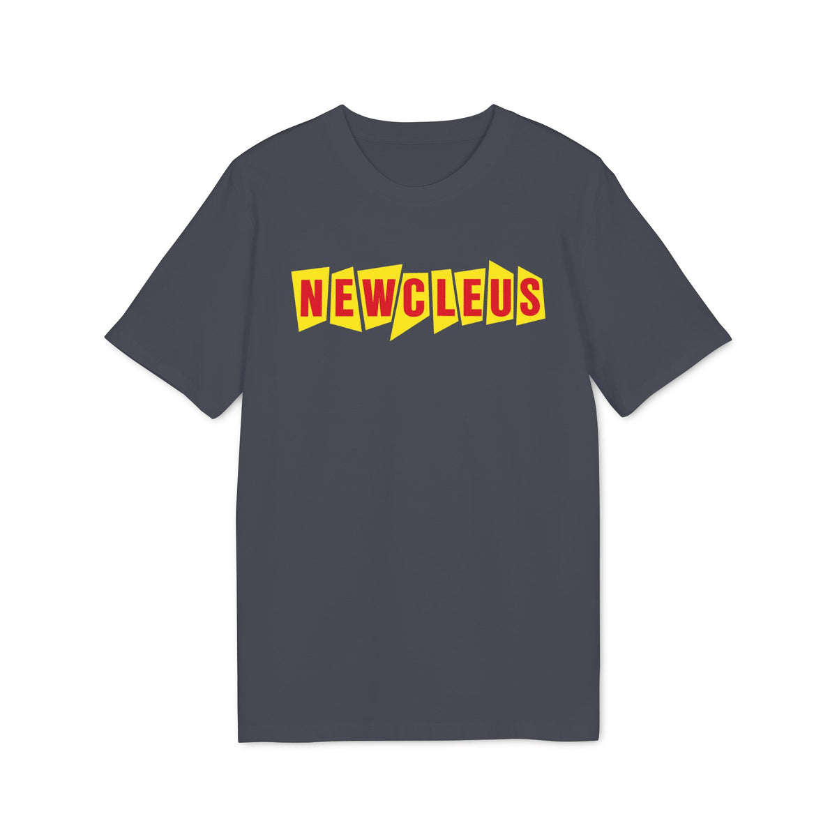 Charcoal gray short-sleeved t-shirt featuring the red and yellow Newcleus logo centered on the chest.