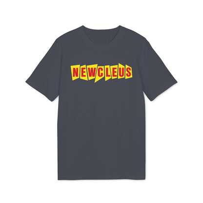 Charcoal gray short-sleeved t-shirt featuring the red and yellow Newcleus logo centered on the chest.
