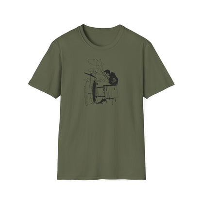 Graphic t-shirt with a black sketch of a drummer playing a drum set.