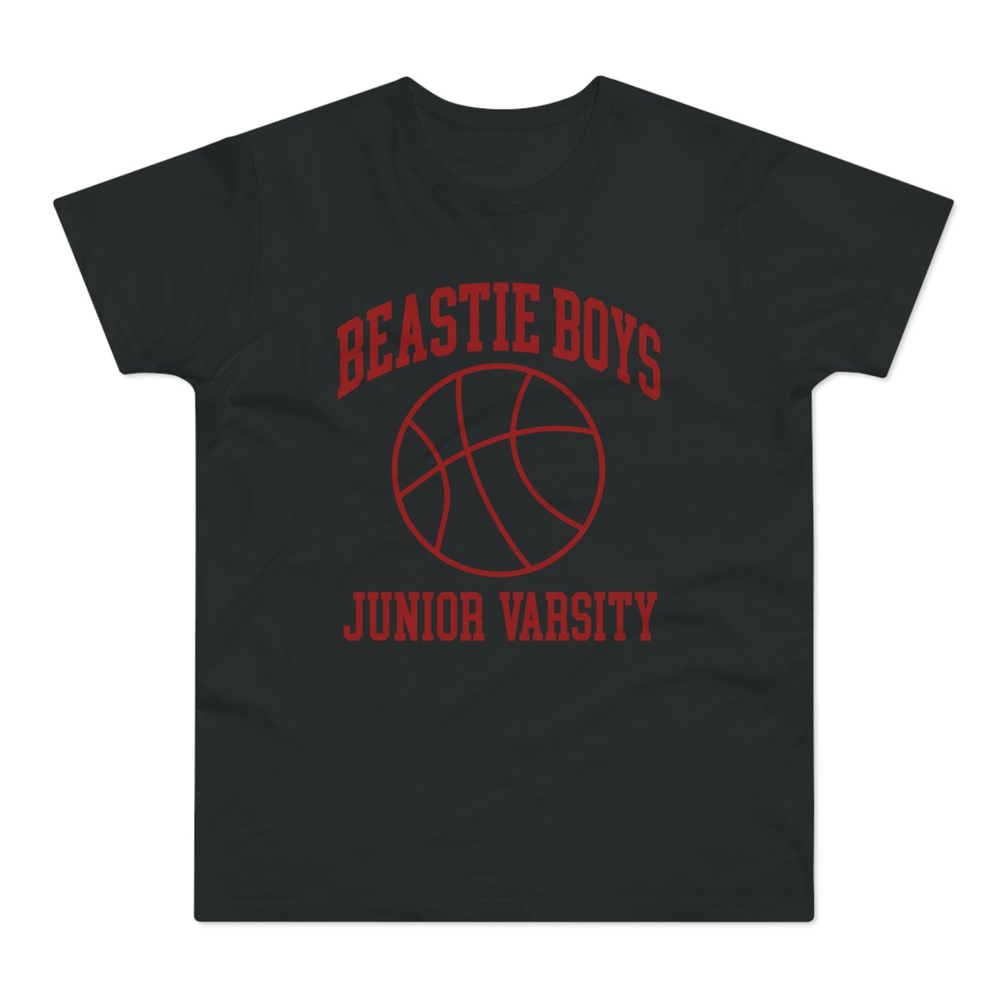 Black t-shirt with red "Beastie Boys Junior Varsity" text and basketball graphic.