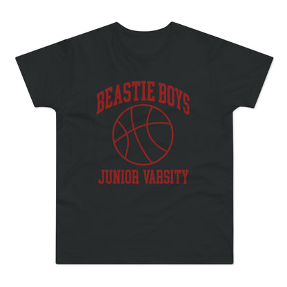 Black t-shirt with red "Beastie Boys Junior Varsity" text and basketball graphic.