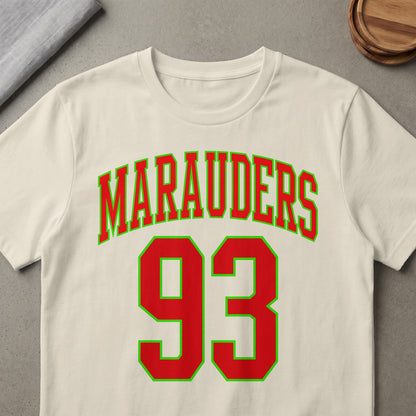 Cream t-shirt with red "MARAUDERS 93" text outlined in green.