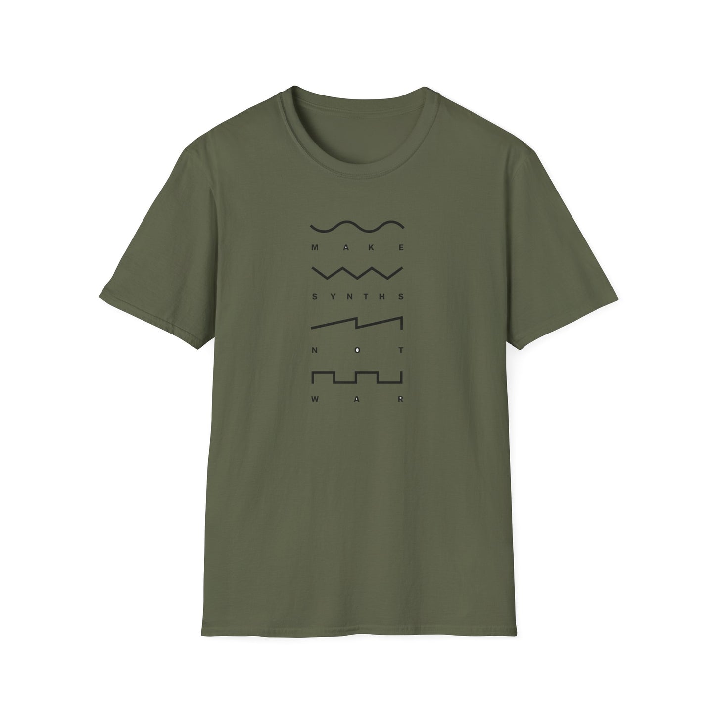 Olive green t-shirt with black text and wave graphics spelling "Make Synths Not War".