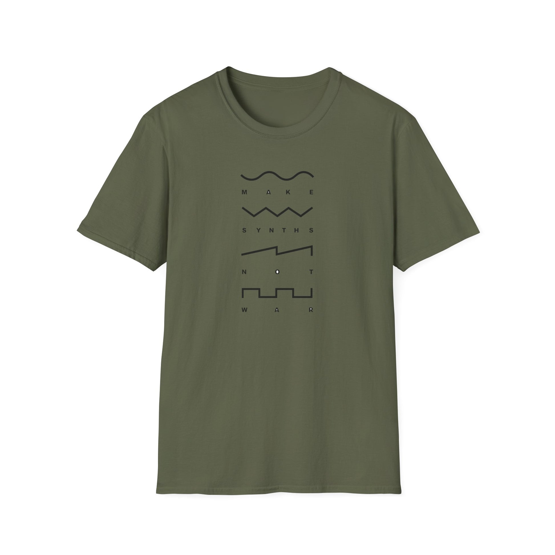 Olive green t-shirt with black text and wave graphics spelling "Make Synths Not War".