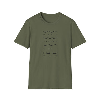 Olive green t-shirt with black text and wave graphics spelling "Make Synths Not War".