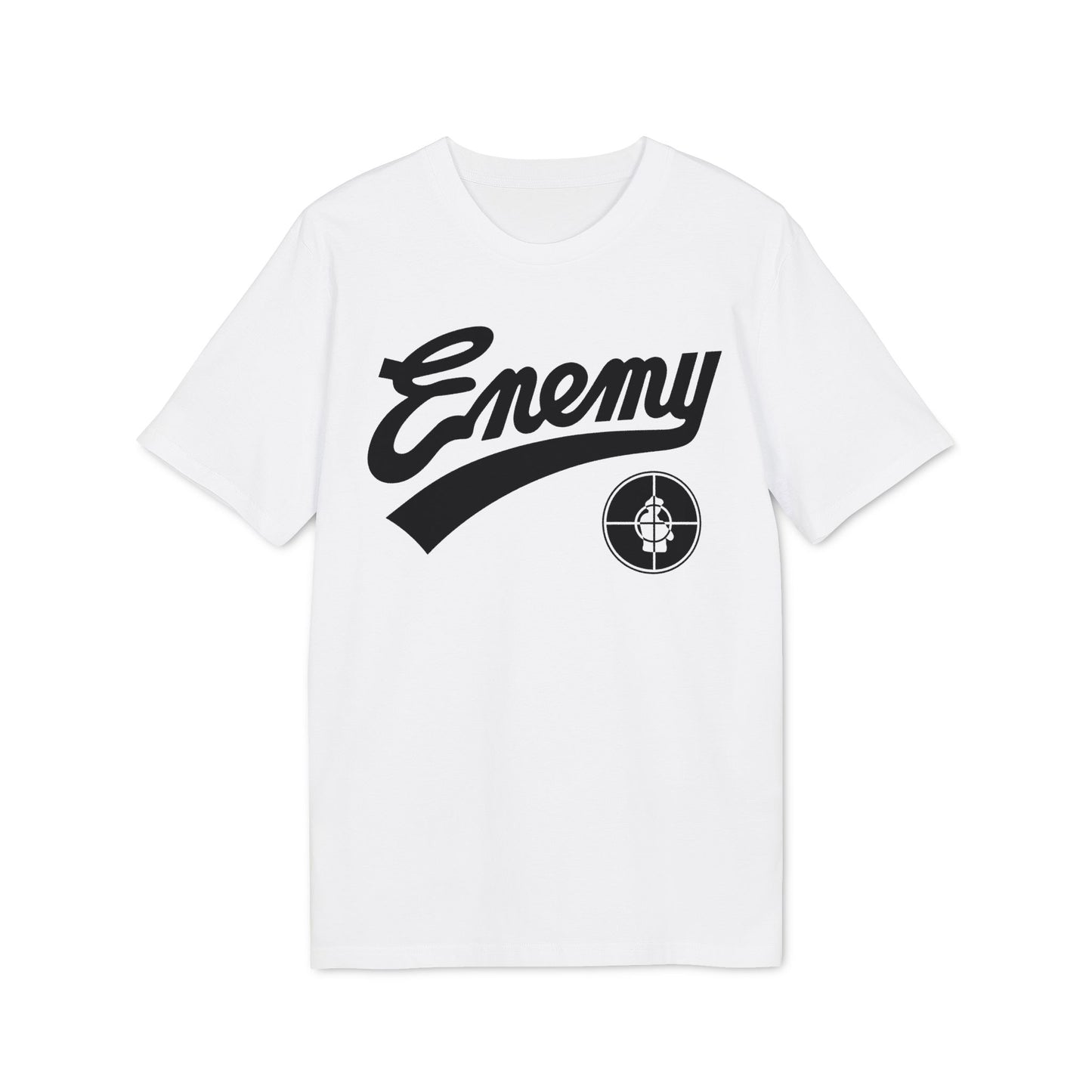 White t-shirt with black "Enemy" text and Public Enemy logo.