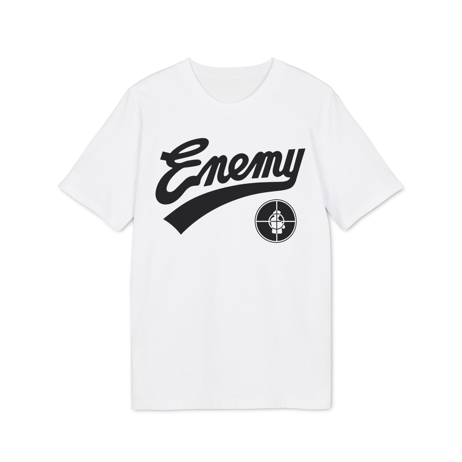 White t-shirt with black "Enemy" text and Public Enemy logo.
