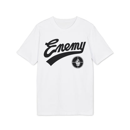 White t-shirt with black "Enemy" text and Public Enemy logo.