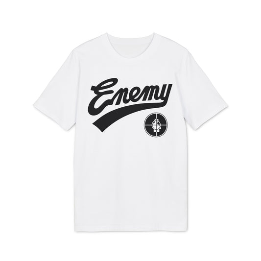 White t-shirt with black "Enemy" text and Public Enemy logo.