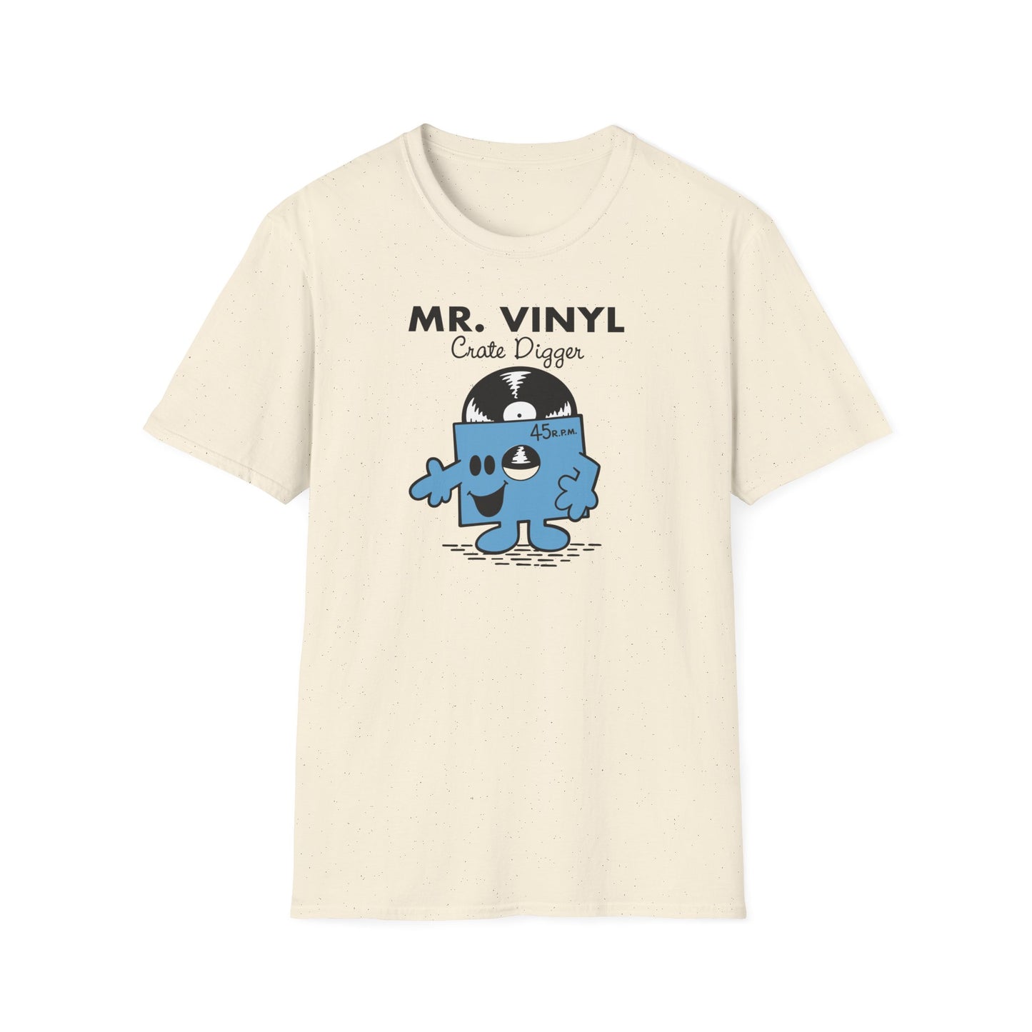 Cream t-shirt with "MR. VINYL Crate Digger" and a cartoon vinyl record character.