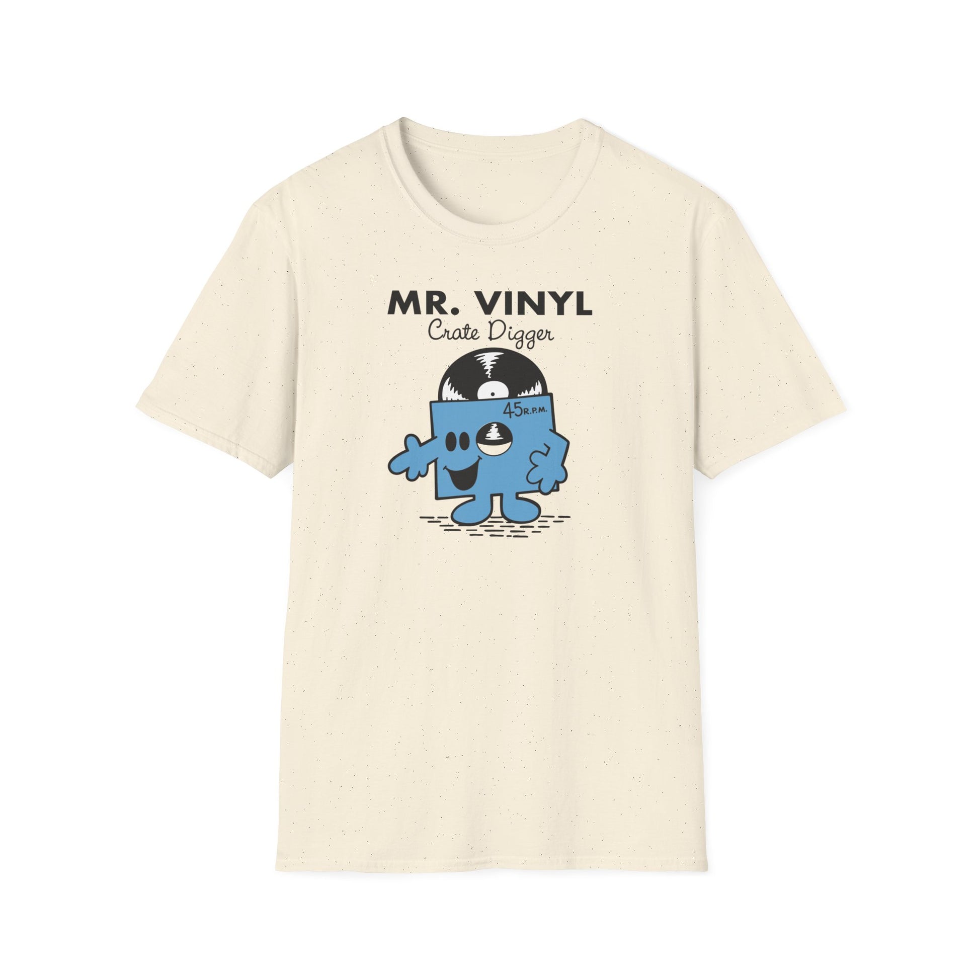Cream t-shirt with "MR. VINYL Crate Digger" and a cartoon vinyl record character.
