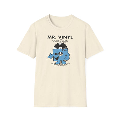 Cream t-shirt with "MR. VINYL Crate Digger" and a cartoon vinyl record character.