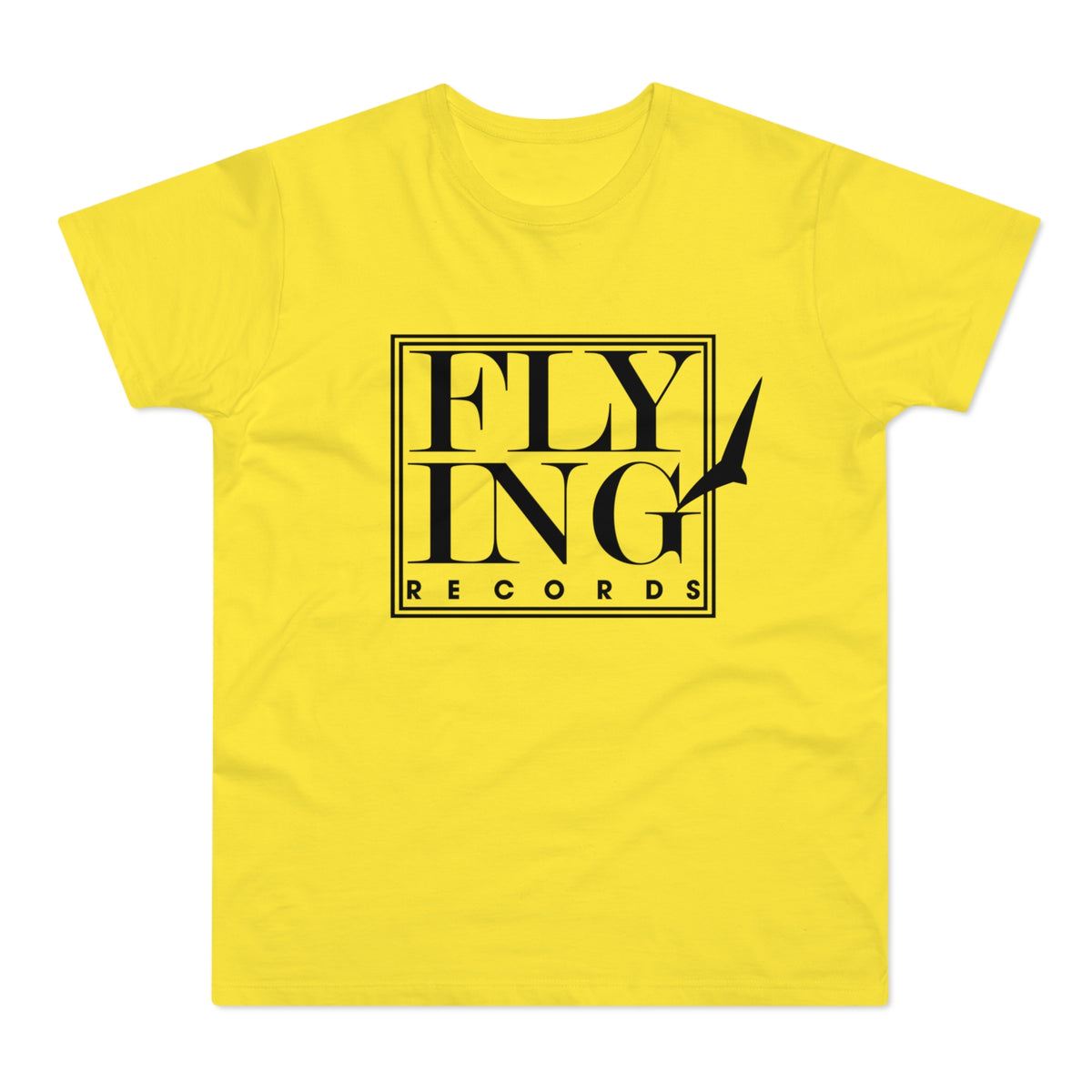 Yellow t-shirt with black "FLYING RECORDS" text and a bird silhouette.