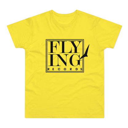 Yellow t-shirt with black "FLYING RECORDS" text and a bird silhouette.