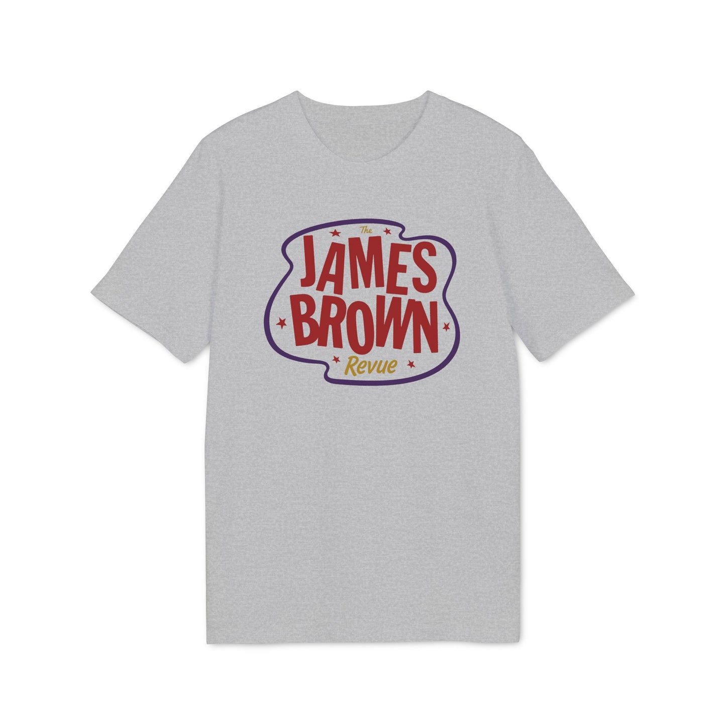 Grey t-shirt with "The James Brown Revue" text and stars graphic.