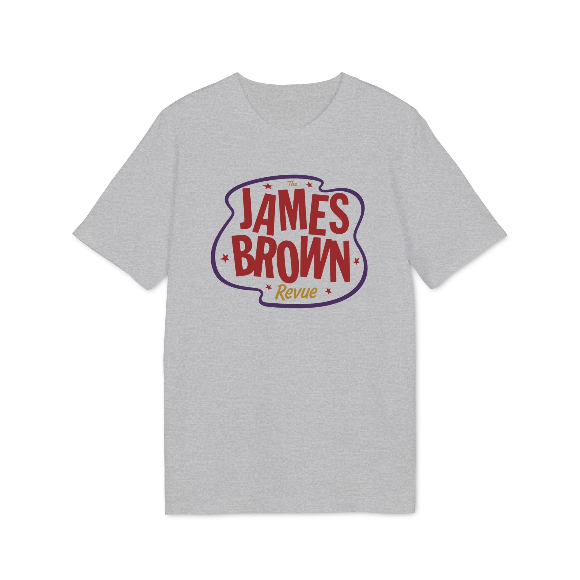 Grey t-shirt with "The James Brown Revue" text and stars graphic.