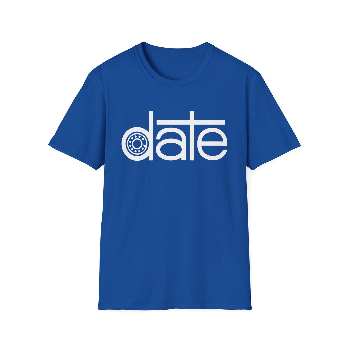 Blue t-shirt with the word "date" and a gear graphic in white.