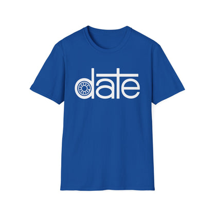 Blue t-shirt with the word "date" and a gear graphic in white.