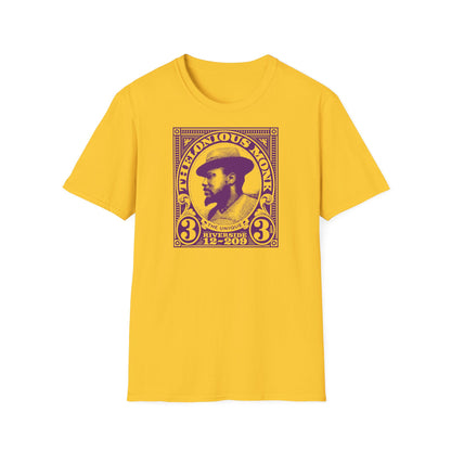 Yellow t-shirt with purple Thelonious Monk album art designed as a postage stamp.