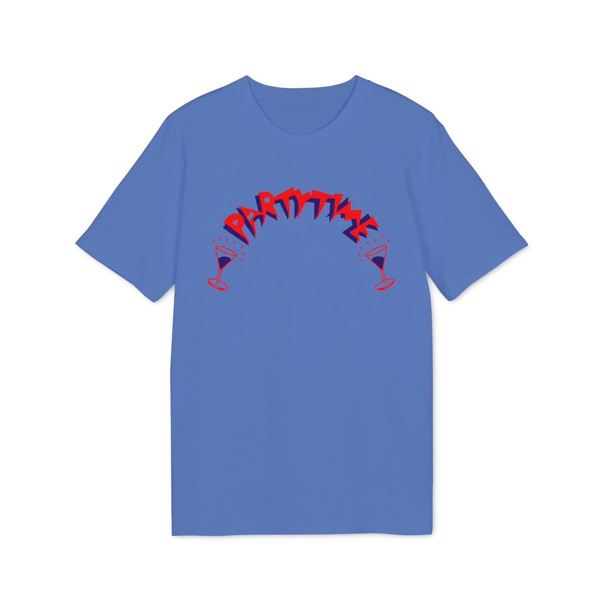A blue short-sleeve t-shirt features red and purple text reading PART TIME above two cocktail glasses.