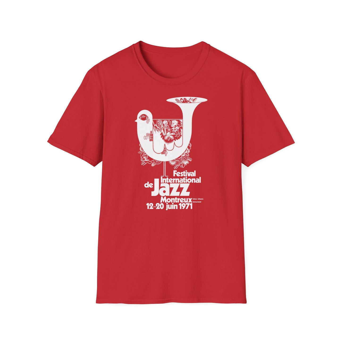 Red t-shirt with white design for Montreux Jazz Festival 1971.