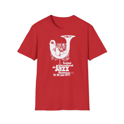 Red t-shirt with white design for Montreux Jazz Festival 1971.