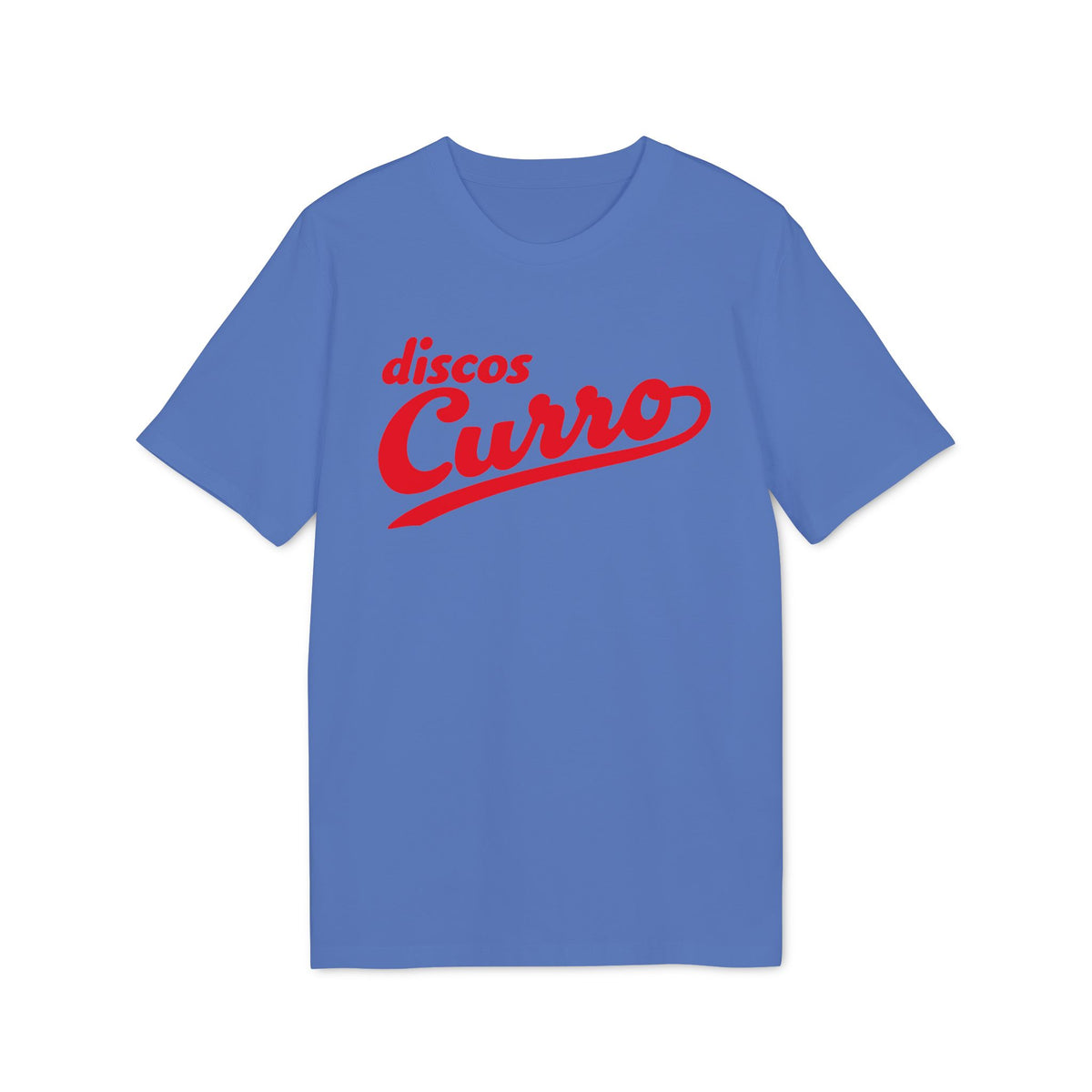 A blue short-sleeved t-shirt with red text reading "discos Curro" on the chest.