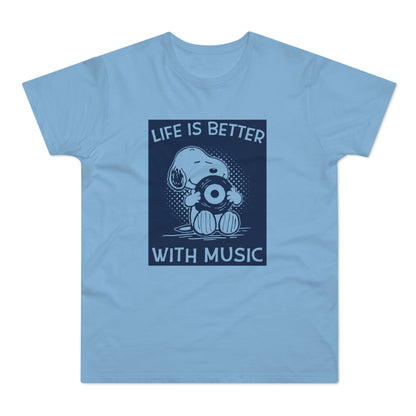 A light blue t-shirt featuring a dark blue graphic of Snoopy holding a record and text reading LIFE IS BETTER WITH MUSIC.