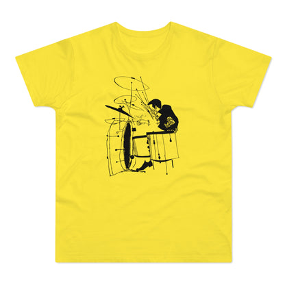 Black line drawing of a drummer playing a drum set on a yellow t-shirt.