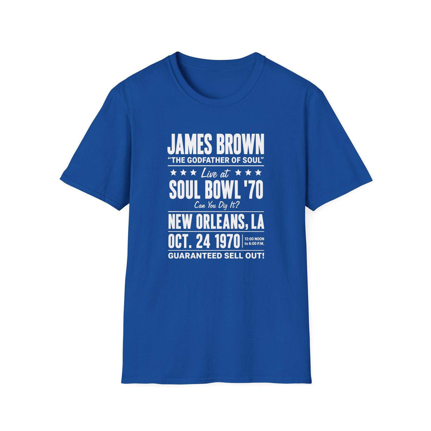 James Brown Soul Bowl '70 concert t-shirt with New Orleans, LA date and times.
