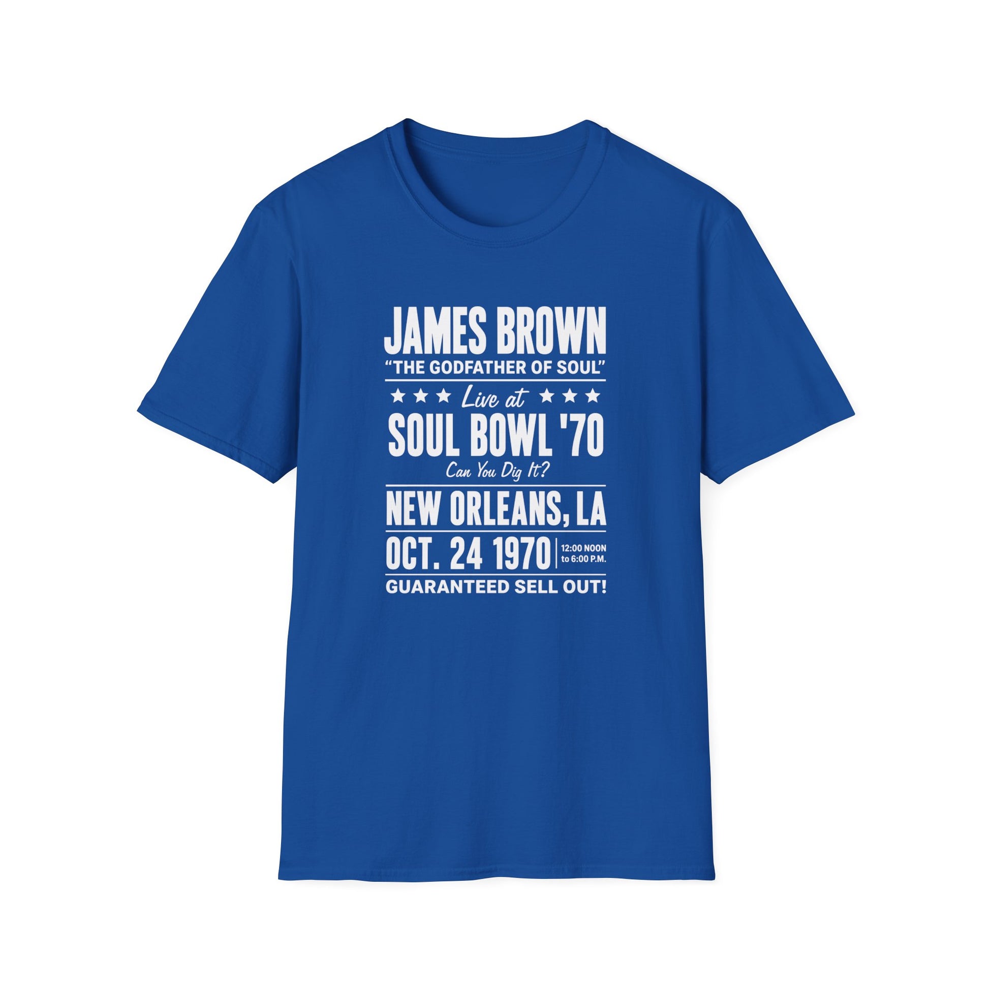James Brown Soul Bowl '70 concert t-shirt with New Orleans, LA date and times.