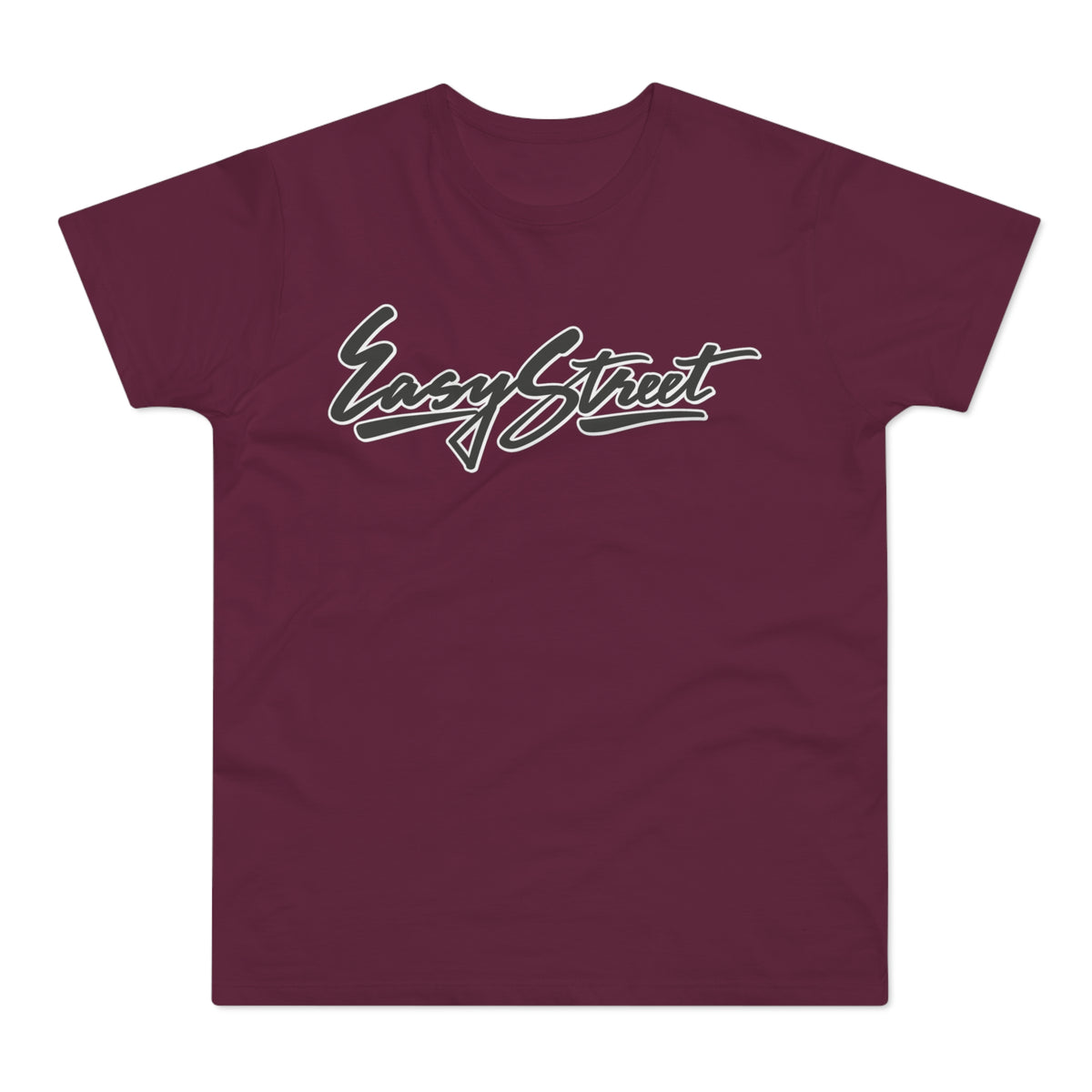 A maroon short-sleeve t-shirt with the words "Easy Street" in white script font on the chest.