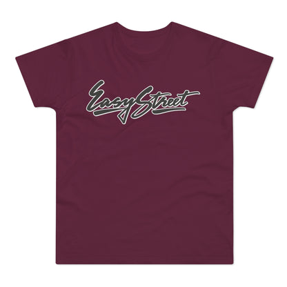 A maroon short-sleeve t-shirt with the words "Easy Street" in white script font on the chest.