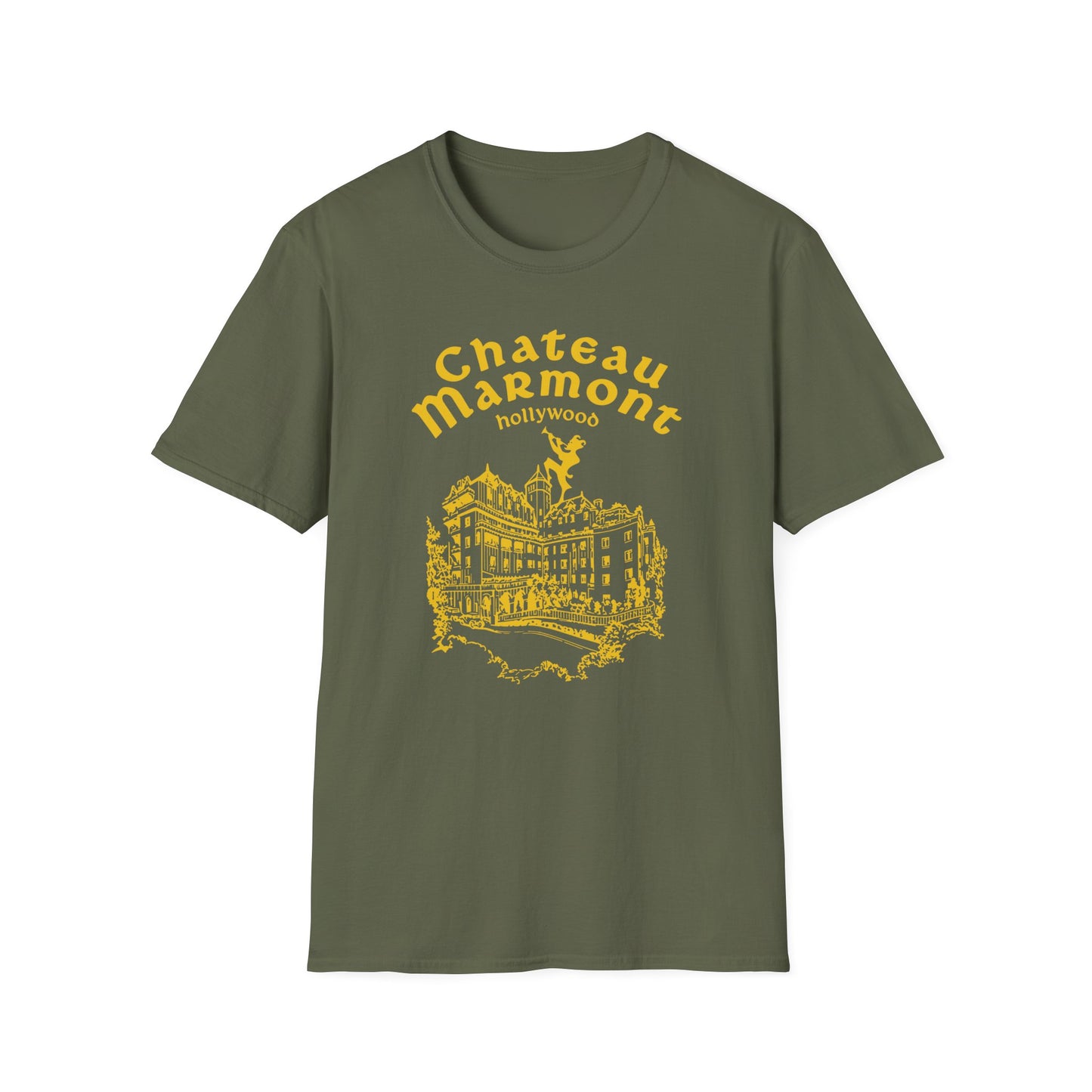 Olive t-shirt with yellow print of Chateau Marmont building and Hollywood name.