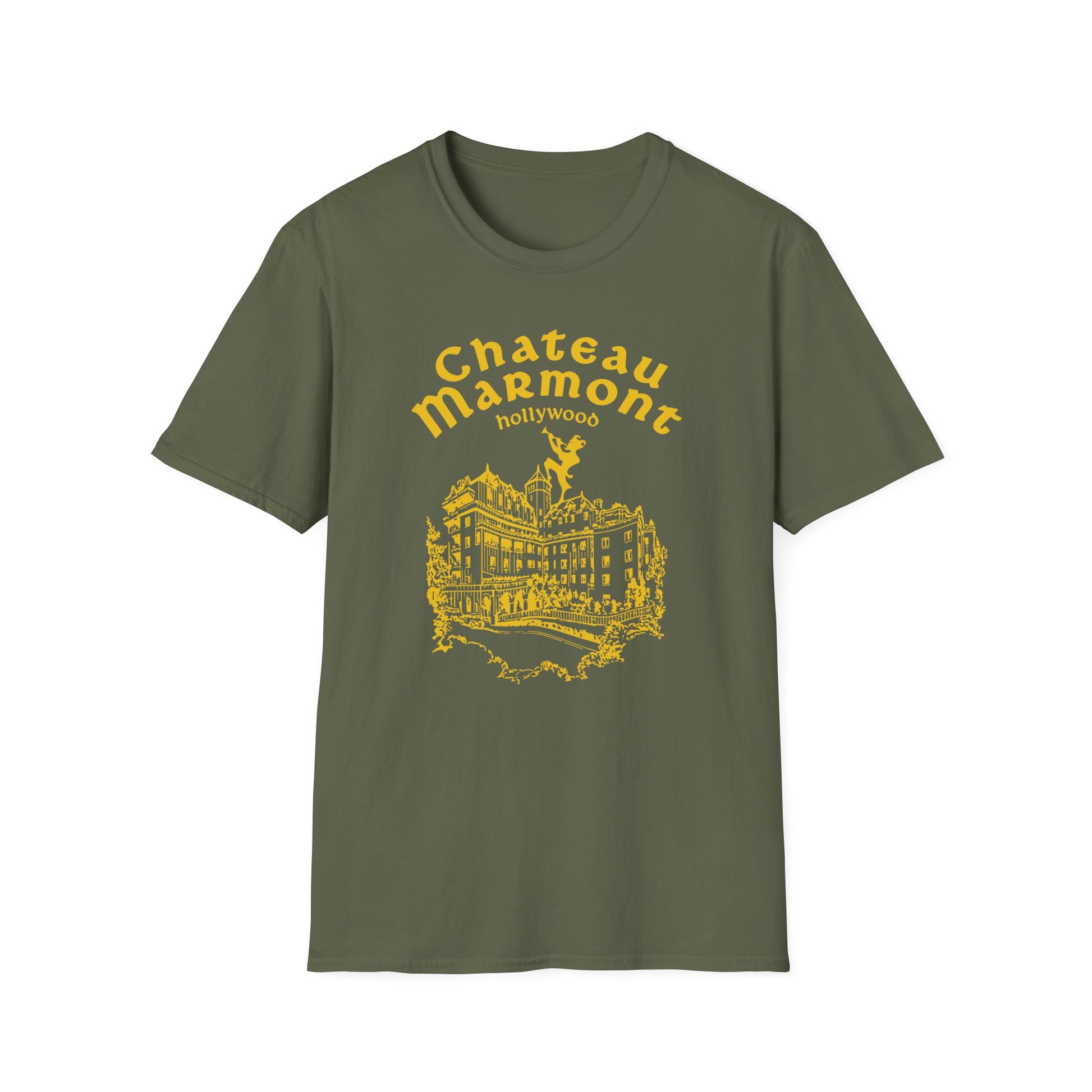 Olive t-shirt with yellow print of Chateau Marmont building and Hollywood name.