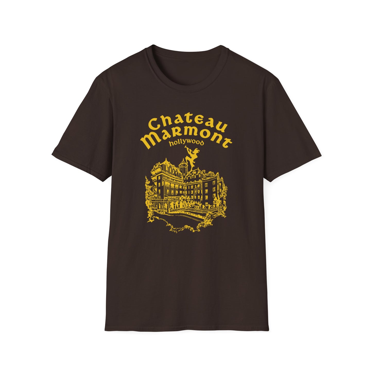 Brown t-shirt with yellow Chateau Marmont Hollywood building graphic.