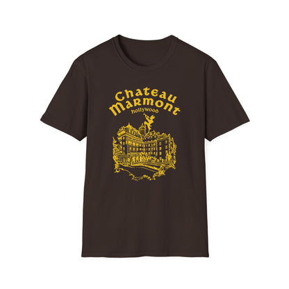 Brown t-shirt with yellow Chateau Marmont Hollywood building graphic.