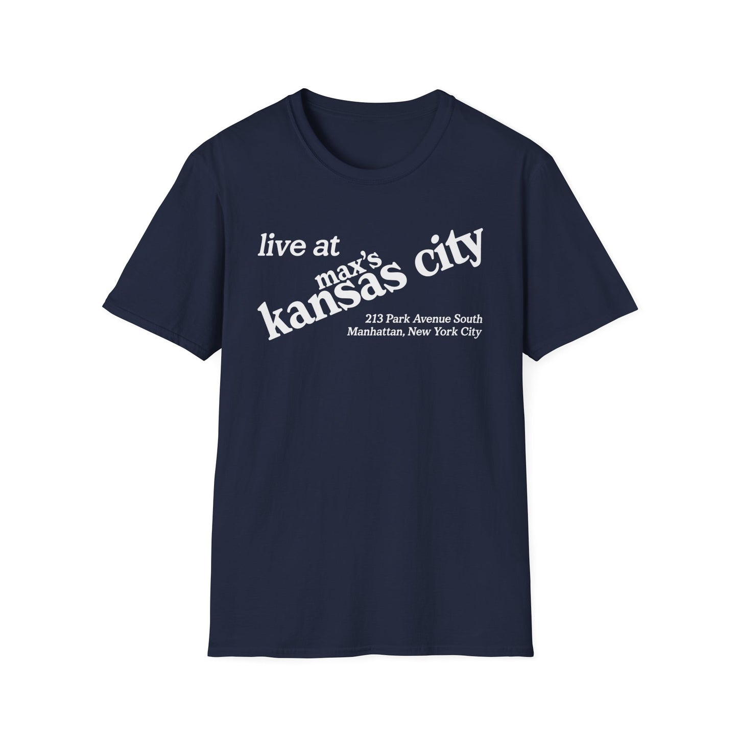 Dark blue t-shirt with white text "live at max's kansas city 213 Park Avenue South Manhattan, New York City".