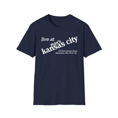 Dark blue t-shirt with white text "live at max's kansas city 213 Park Avenue South Manhattan, New York City".