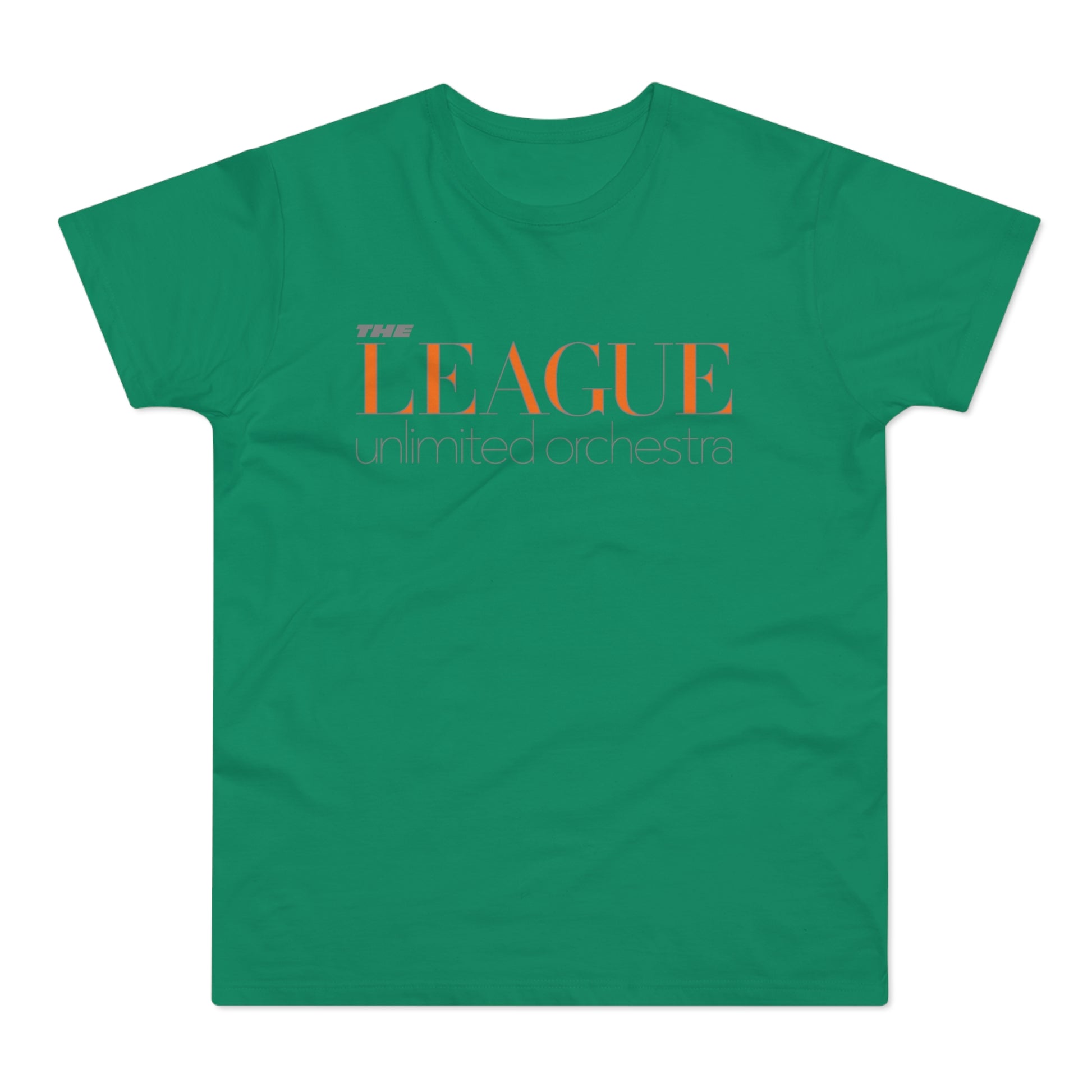 Green t-shirt with orange text "THE LEAGUE unlimited orchestra".