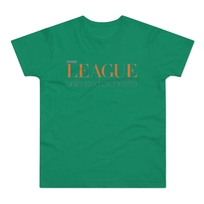 Green t-shirt with orange text "THE LEAGUE unlimited orchestra".