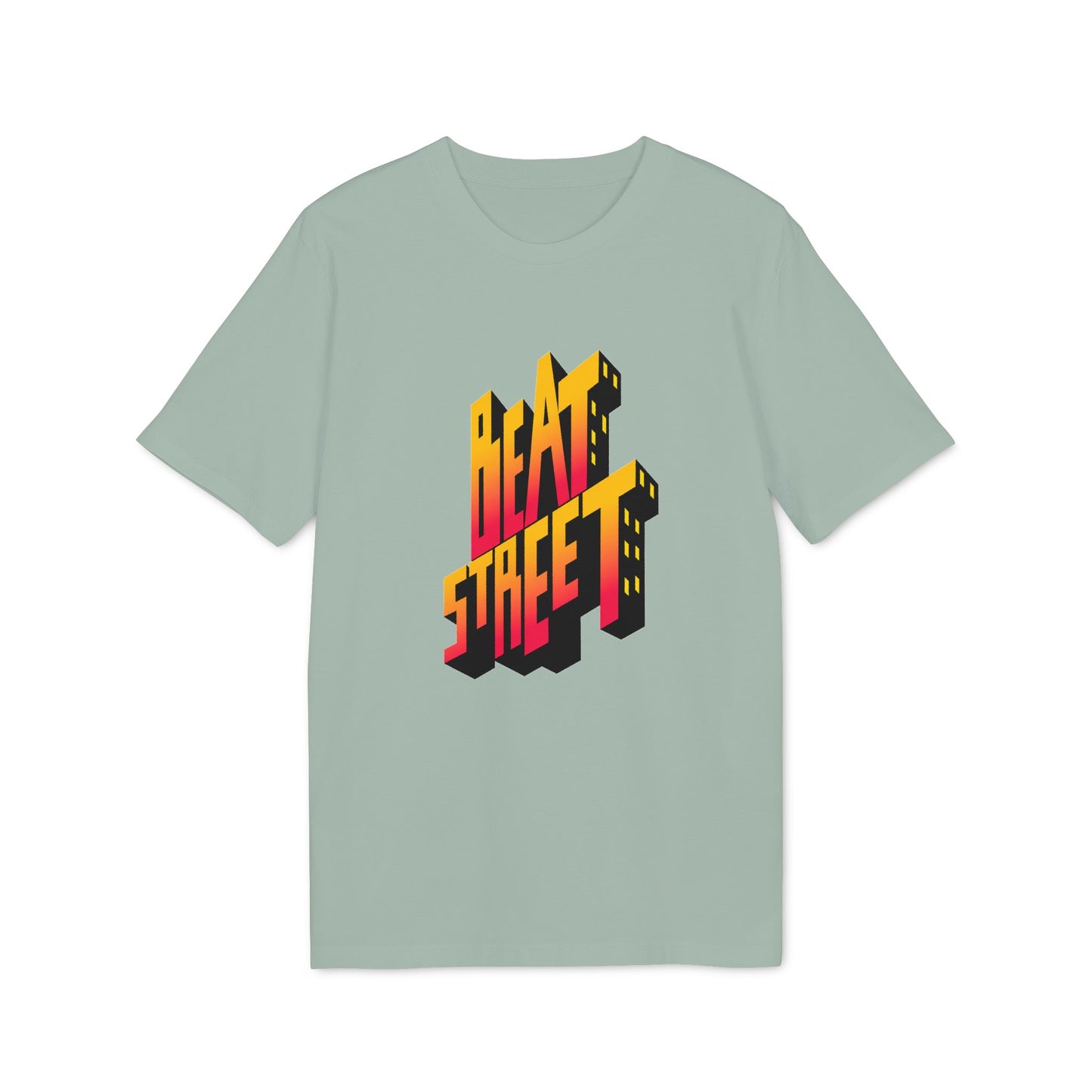 T-shirt with 3D "BEAT STREET" text graphic in yellow and red gradient.