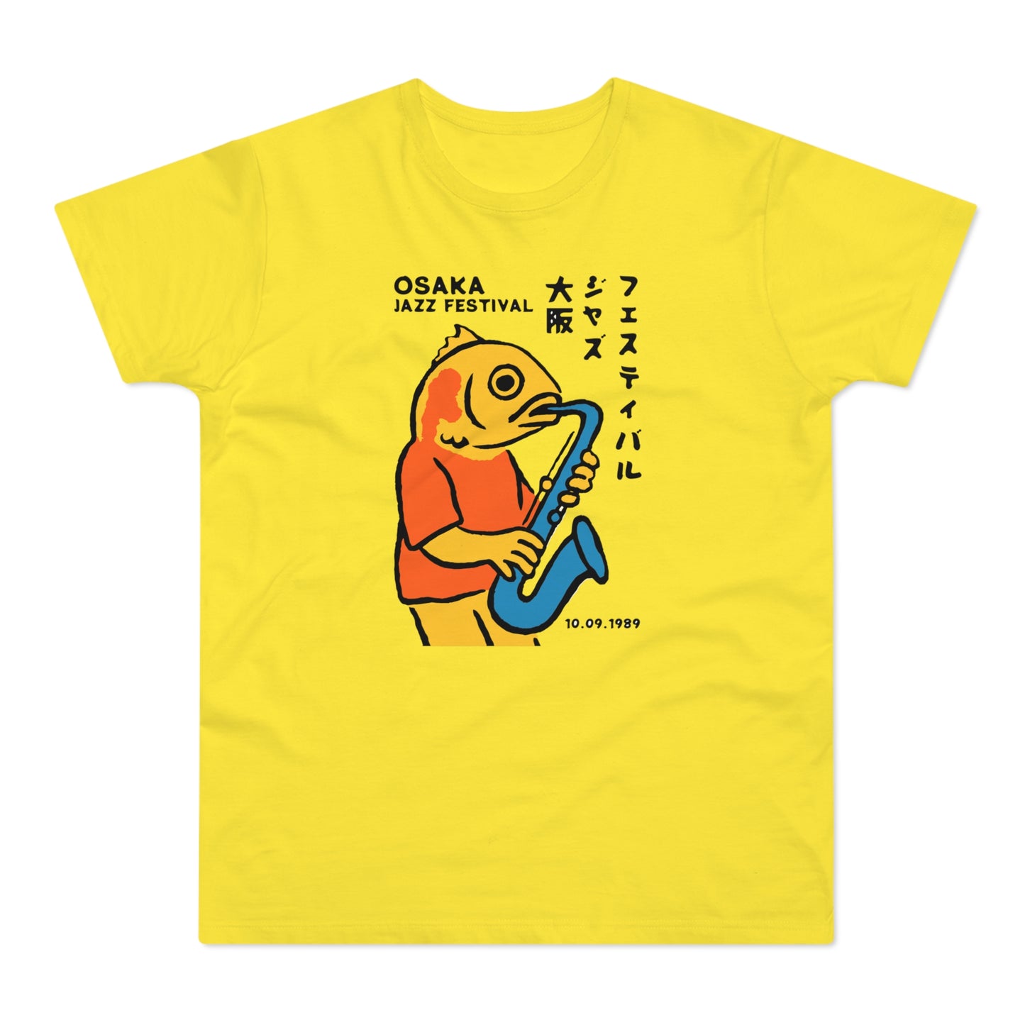 Yellow t-shirt with graphic of fish playing saxophone with Japanese text and "OSAKA JAZZ FESTIVAL."