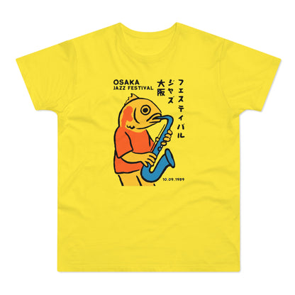 Yellow t-shirt with graphic of fish playing saxophone with Japanese text and "OSAKA JAZZ FESTIVAL."