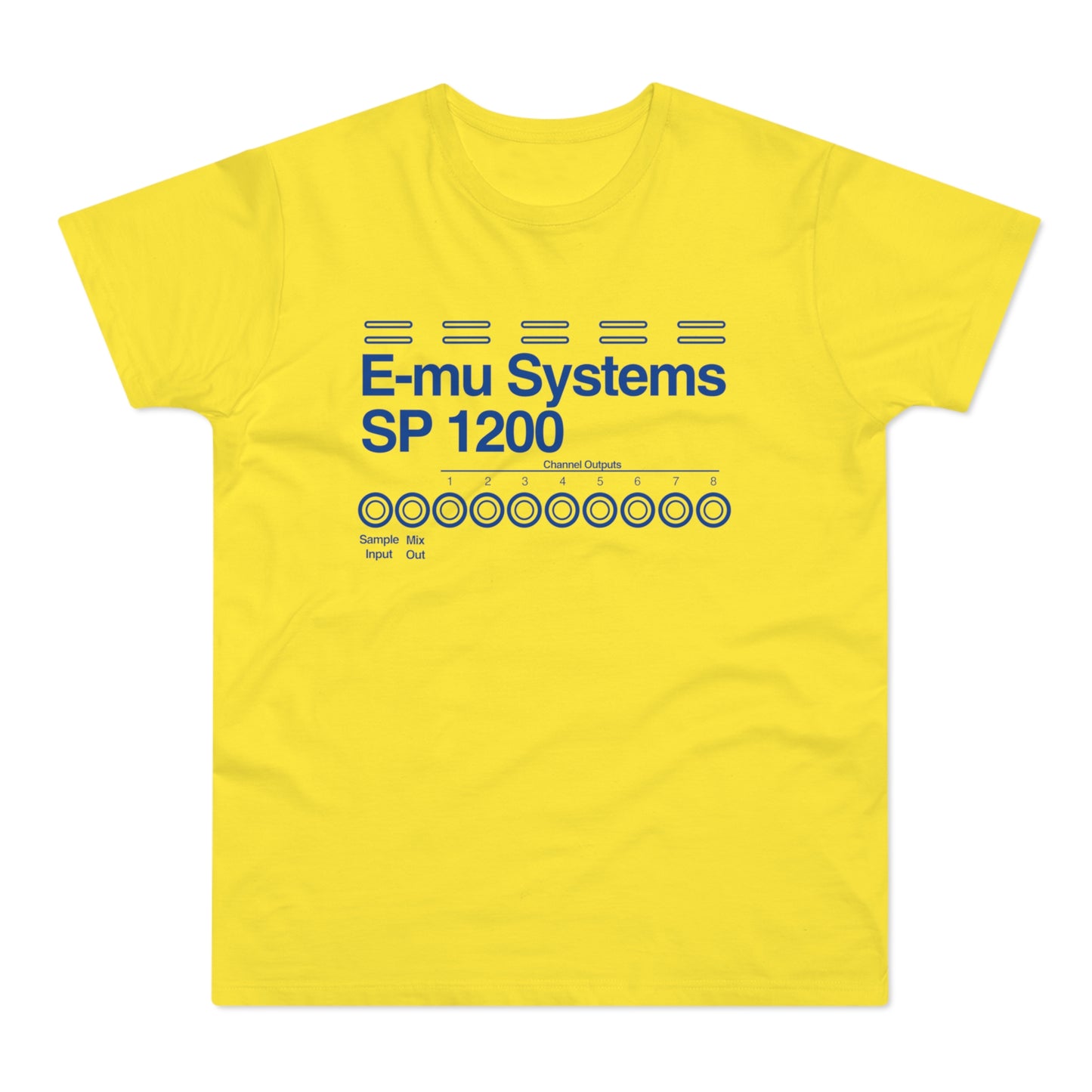 Yellow t-shirt with "E-mu Systems SP 1200" and drum machine controls.