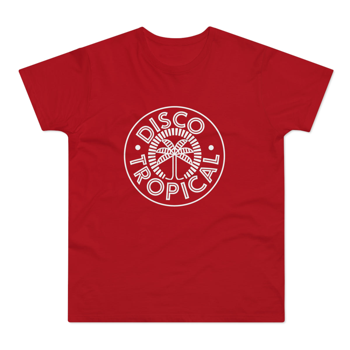 Red t-shirt with a white circular logo featuring palm tree and "Disco Tropical" text.