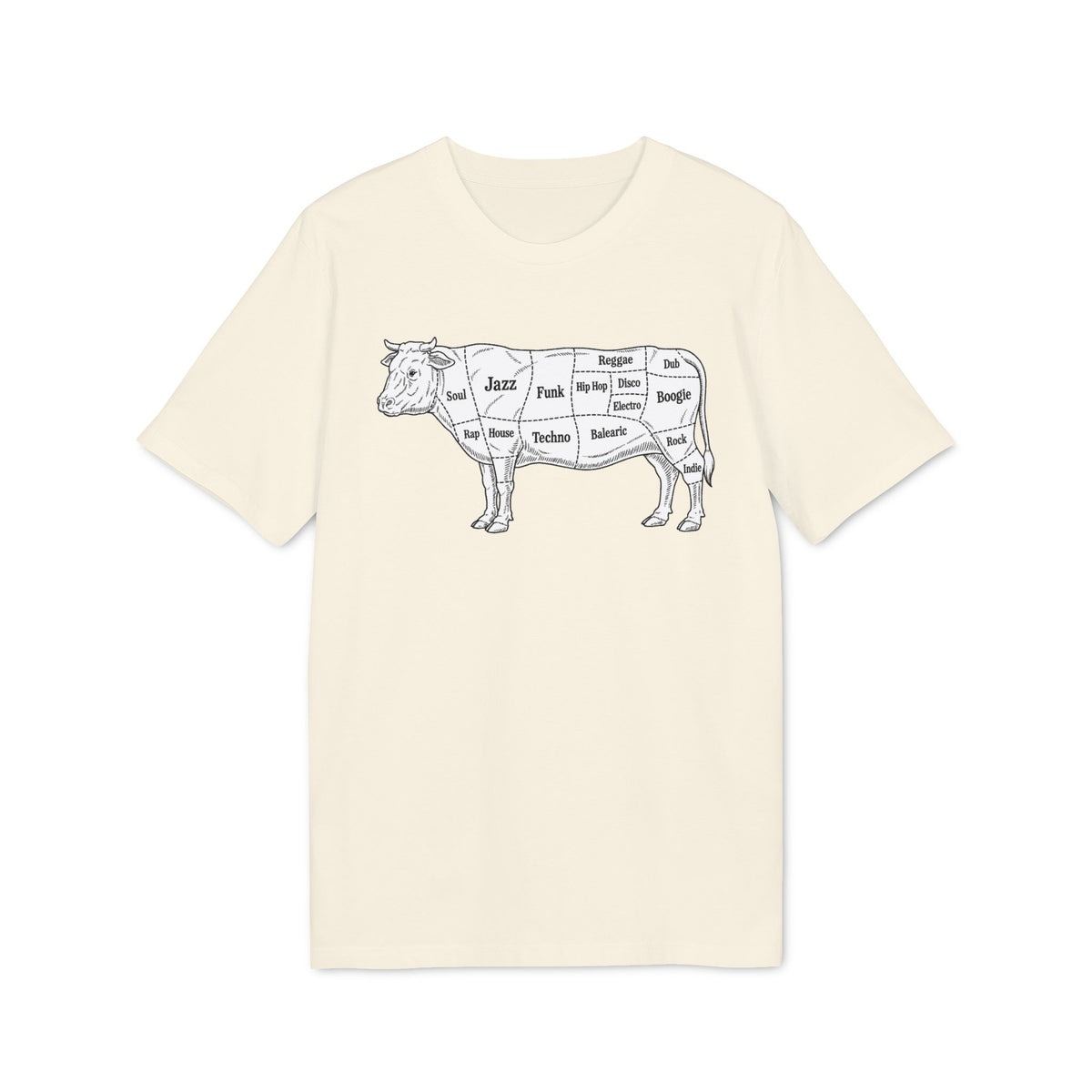 Cream-colored short-sleeve t-shirt featuring a black graphic of a cow diagram labeled with music genres.